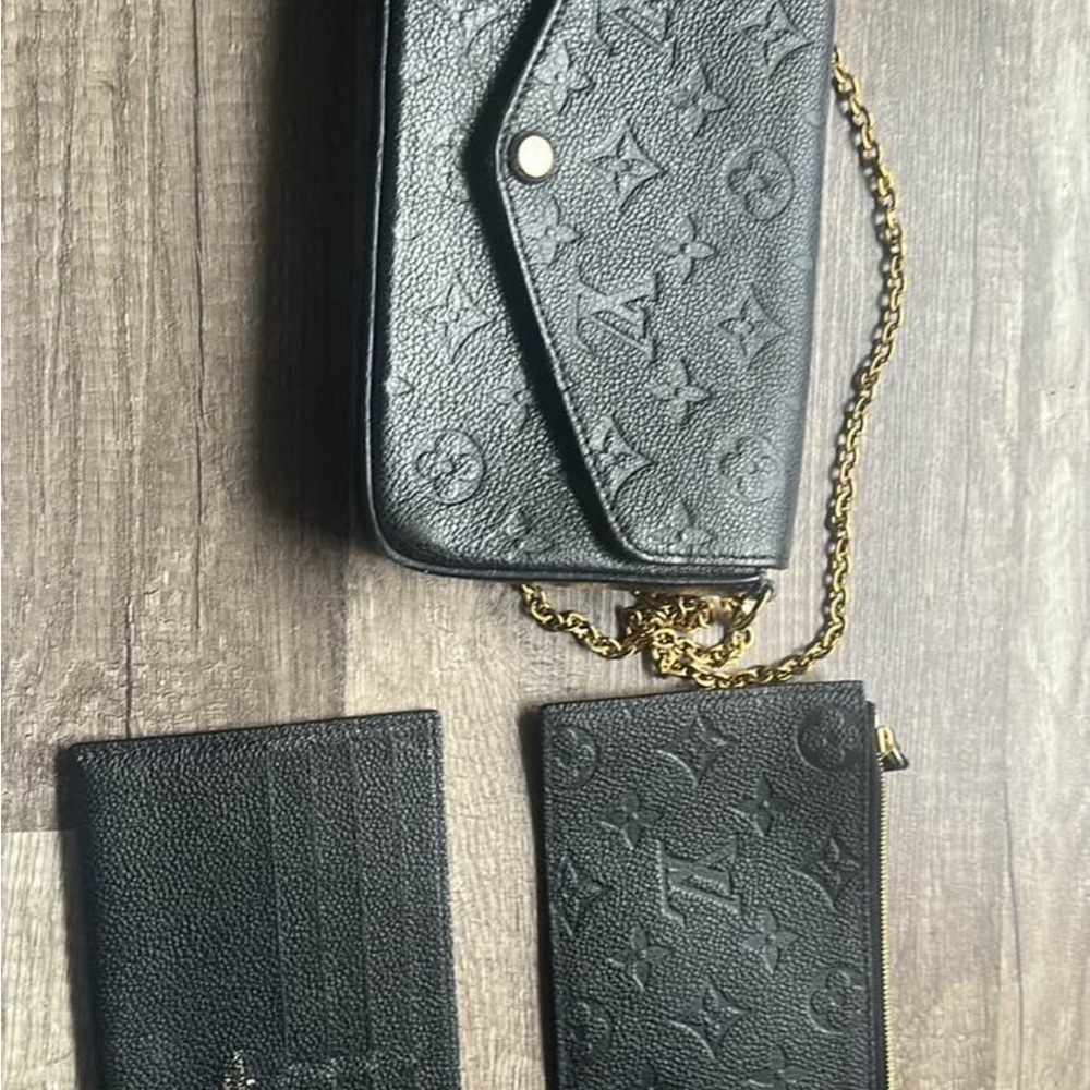 Louis Vuitton Black Monogram-Embossed Leather Wallet Set with Gold Chain